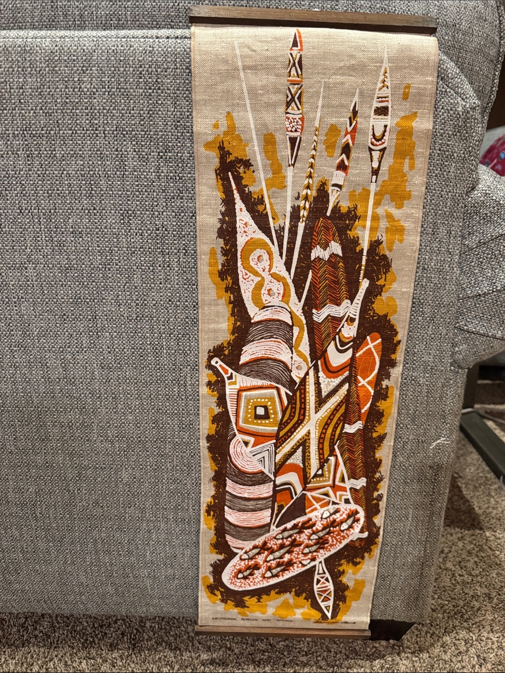 1960’s Donald Clark Linen Wall Hanging Aboriginal Shield and Spears Wall Scroll